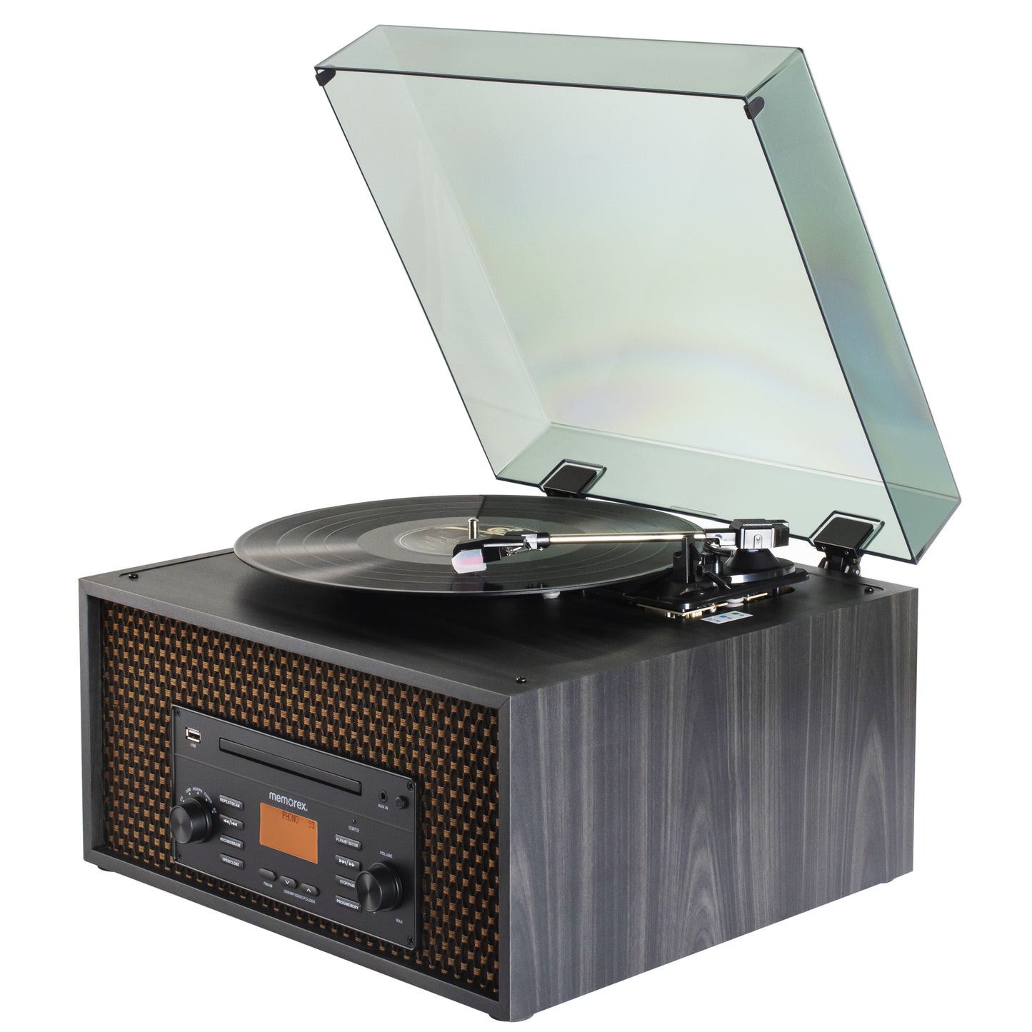 Memorex 7-in-1 Vinyl Record Player Nostalgic Wooden Music Center with Bluetooth and LCD Display