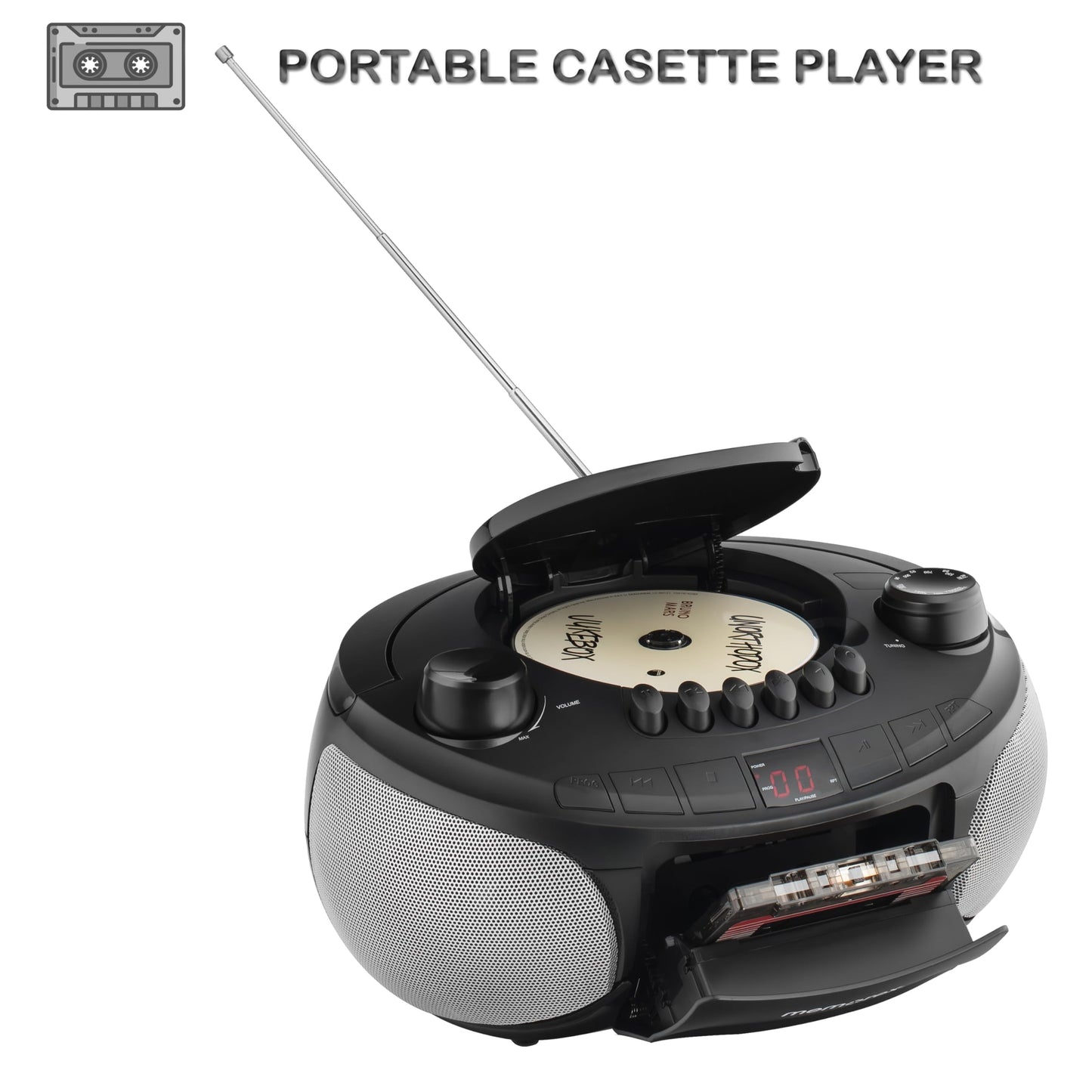 Memorex MX-BCCD50(K) AM/FM Top Loading CD and Cassette Player Blue | Portable Stereo with Programmable Memory, Auto-Stop Cassette Deck | Auxiliary Input, and Red LED Display (Black)