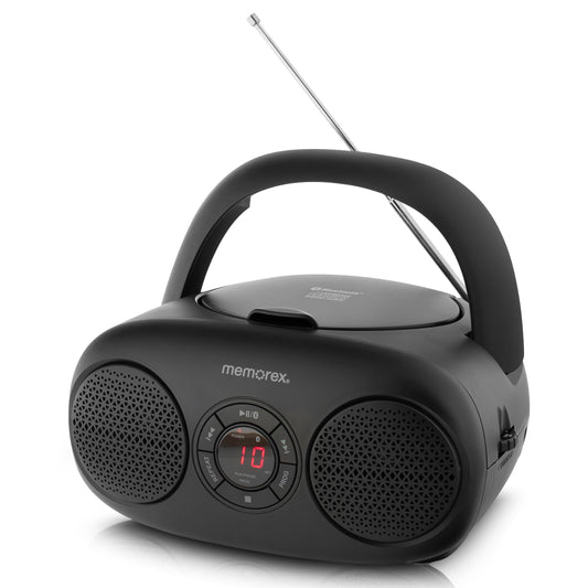 Memorex MX-BCD30(K) Bluetooth Top Loading CD Player | Portable AM/FM Stereo Receiver with Programmable Memory, Auxiliary Input, Red LED Display, and Foldable Handle (Black)