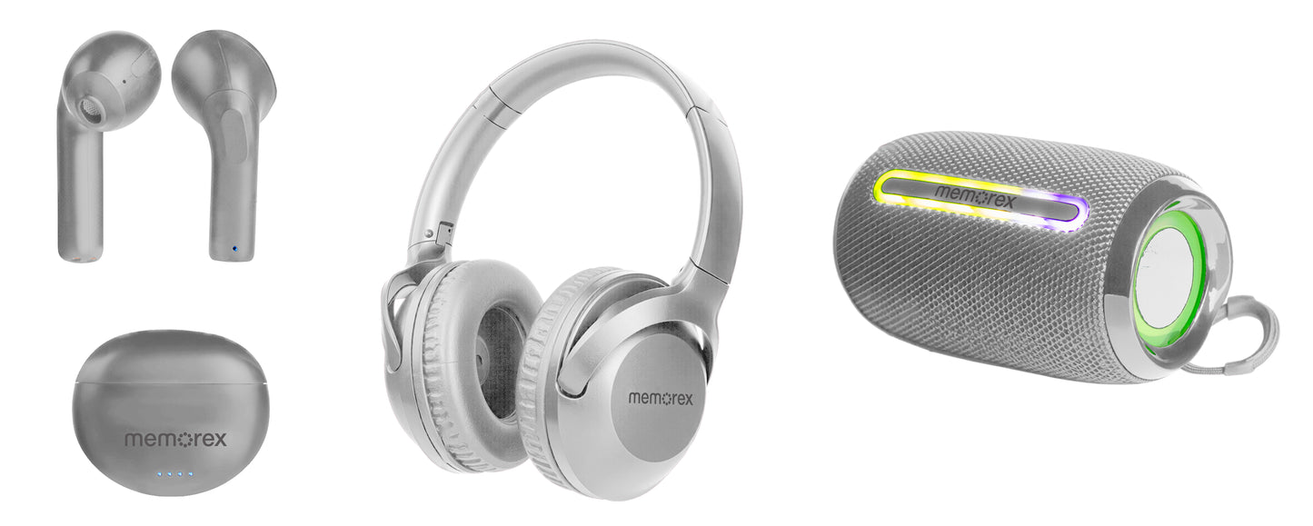 Memorex 3-in-1 Wireless Audio Bundle: Headphones, True Wireless Earbuds & Bluetooth Speaker