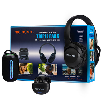 Memorex 3-in-1 Wireless Audio Bundle: Headphones, True Wireless Earbuds & Bluetooth Speaker