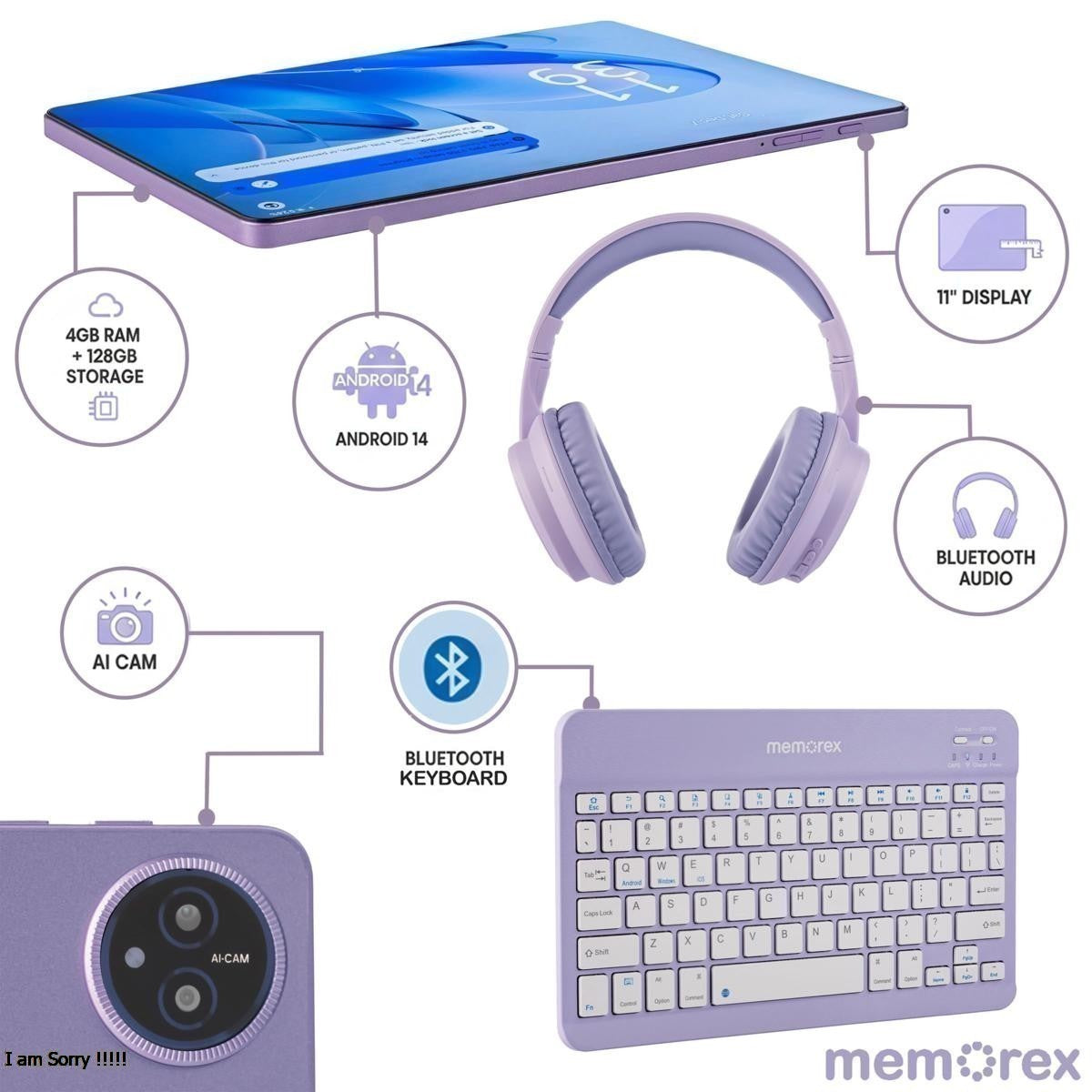 Memorex 11” Android 14 Tablet Bundle | 128GB, 4GB RAM, Keyboard, Case & Wireless Headphones