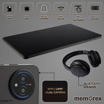 Memorex 11” Android 14 Tablet Bundle | 128GB, 4GB RAM, Keyboard, Case & Wireless Headphones